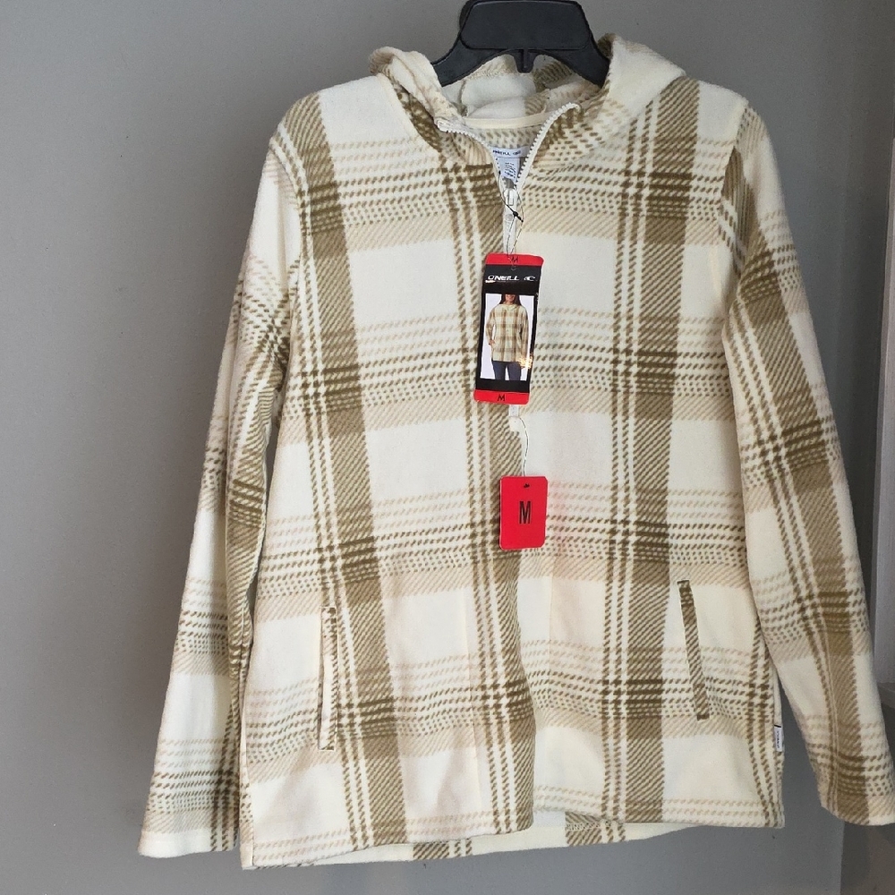 O'Neill Beige and Brown Quarter Zip Checkered Fleece Jacket Size Medium NWT